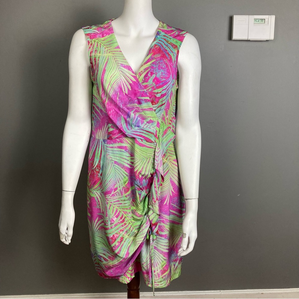 Nanette Lepore Silk Tropical Dress Sleeveless Pink Fern Print Faux Wrap Size 12